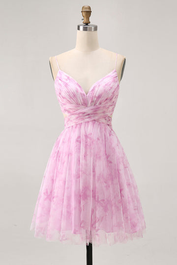 Rose Floral A Ligne Spaghetti Bretelles Ruché Robe Courte Retrouvailles